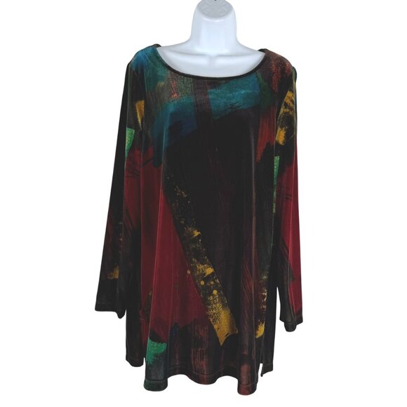 Chico's Velvet Tunic Top Size 2 Multicolored Printed Artsy Long Sleeve TP-3580 - Picture 1 of 7